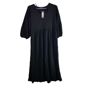 NEW Marcs & Spencer Linen Midi Dress Size 10 Black V-Neck Puff Sleeve Flared - Foto 1 di 9