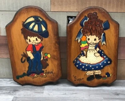 Pair Of Vintage Big Eyes Boy And Girl Painting On Wood Sugar and Spice  1982 - Image 1 of 4