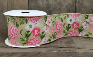 Schleifenband Dekoration Band Blumen natur rosa  6,3 cm breit - 1 Rolle  (9m) - Bild 1 von 1