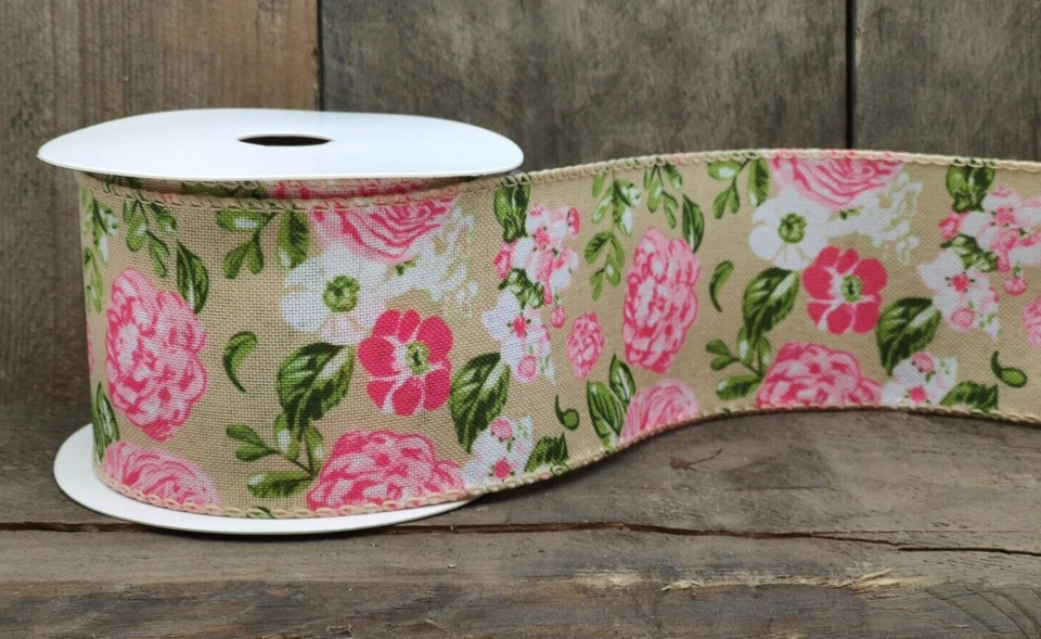 Schleifenband Dekoration Band Blumen natur rosa  6,3 cm breit - 1 Rolle  (9m) - Bild 1 von 1