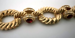 WM 7" Fashion Gold Tone Rope Link Bracelet With White & Ruby-Red Rhinestones