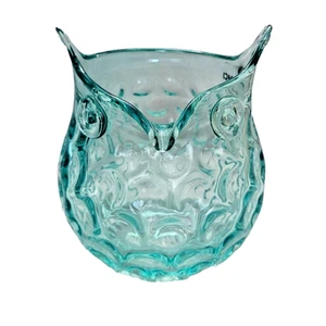 Hand Blown Glass Owl Vase Thumbprint Turquoise Art Vintage Murano Style MMCI - Picture 1 of 9