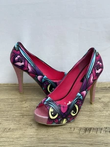Iron Fist Peep Toe Wedge Platform Heels Owl Clock Floral Purple Pink Womens UK 5 - Picture 1 of 14