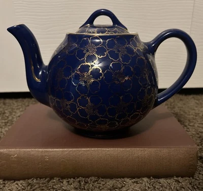 VTG HALL “French” Teapot Cobalt Blue W/Gold Floral~ 6 Cup ~ Stunning ~ #056 USA - Image 1 of 4