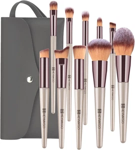 Pennelli Make Up, 10 Pezzi Set Pennelli Trucco Professionale Con Trousse in Pell - Foto 1 di 12