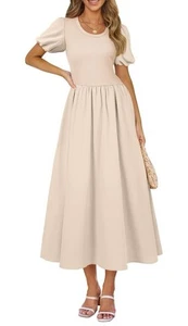 AlvaQ Women Dress Spring Summer Puff Sleeve Midi Dress High Waist Ruffle-SIZE S - Picture 1 of 8