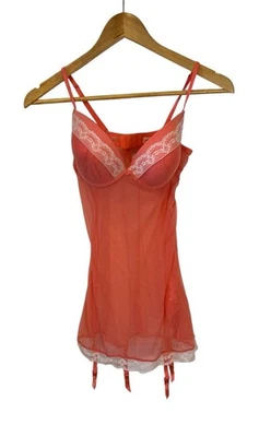 Women's Coral Chemise & Slip with White Lace Trim, Size M - Image 1 of 4