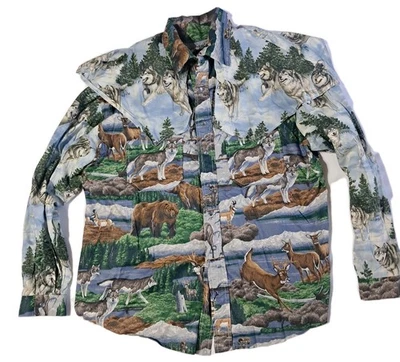 Vntg Yoked Flock Western Shirt Men’s Size XL Animal Print Pearl Snap 70s Cowboy  - Image 1 of 4