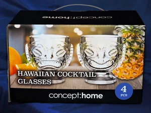 4er Set Vintage Tiki Hawaiian Happy Sad 2-seitig Klarglas Becher Tasse Schale Kelch - Bild 1 von 8