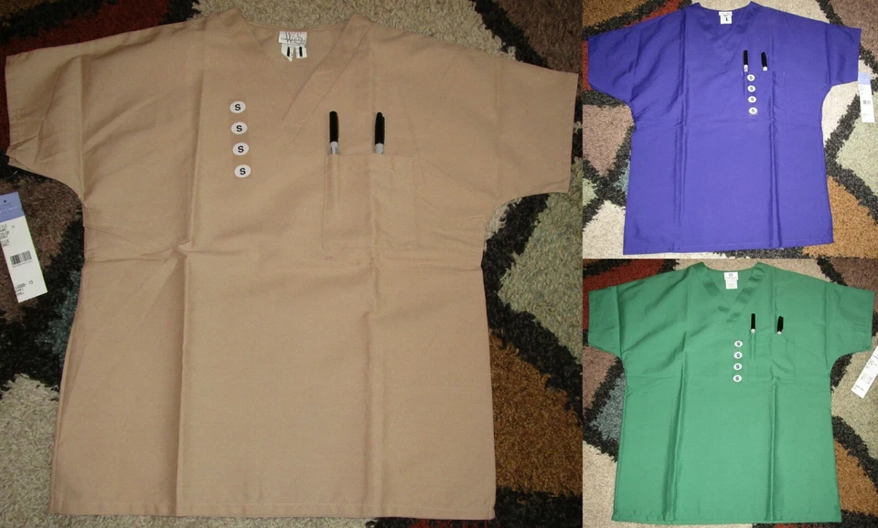 3 Pc White Swan Unisex V Neck Top Pocket Scrub Top Sz S 14000 Tan Ivy Purple - Image 1 of 4