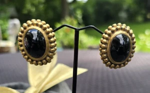 Pair of Vintage YSL Yves Saint Laurent Black Cabochon Clip-On Earrings - Picture 1 of 8