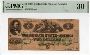 T-43 PF-1 1862 $2 Confederate Paper Money - PMG Very Fine 30 - Scarcer type! - Picture 1 of 2