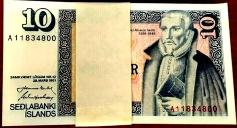 Iceland 10 KRONUR P-48 1961 x 100 Pcs BUNDLE Lot Icelandic UNC World Currency Cover