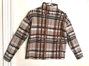 Maglione donna Rachel Zoe L marrone bianco nero a quadri finto collo maglia manica lunga - Foto 1 di 4