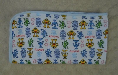 Only Boys Lots and Lots of Robots Baby Blanket Blue White Red Stars Green Yellow - Image 1 of 4