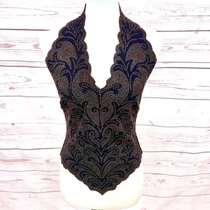 Vintage Y2K Tadashi Elegant Formal Bronze Beaded Paisley Scallop Halter Top - Picture 1 of 10