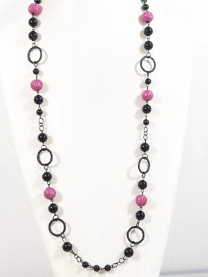 Retro 80s Bright Pink Glitter Ball Black Round Chain Long Necklace 36 in - Image 1 of 4