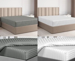 SATIN STRIPE BED FITTED SHEET 600 THREAD COUNT 100% COTTON BED SHEETS ALL SIZES - Picture 1 of 19