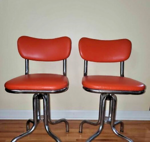 VINTAGE - Pair Orange Vinyl Swivel Chairs - Mid Century - Chrome Parlor Base Set