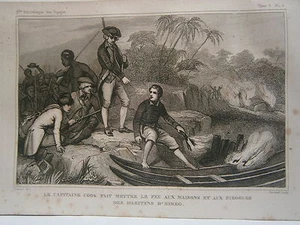 gravure 19° voyage Cook fait mettre le feu aux maison et pirogue d'Eimeo Taiti - Imagen 1 de 1