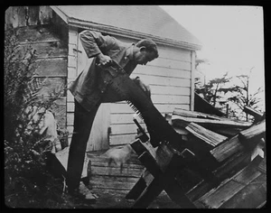 ANTIQUE Magic Lantern Slide PERSON SAWING UP FIREWOOD C1910 PHOTO CANADA - Picture 1 of 3