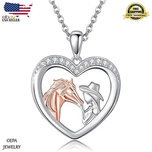 Horse and Girl Necklace Heart Necklace 925 Sterling Silver Horse Jewelry - Picture 1 of 6