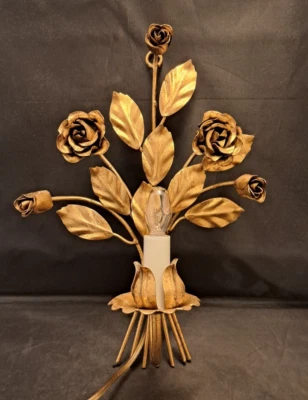 Aplique de pared vintage dorado florentino metal hojas rosas luz FUNCIONA Foto 1 de 4