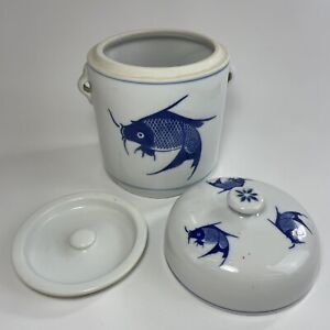 Vintage Blue and White Porcelain Koi Fish Ginger/Tea Jar w/Lid Asian 8.5” Tall