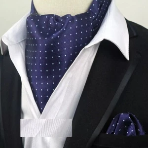 Men Cravat Ascot Tie Set Blue spoted Free handkerchief - Picture 1 of 1