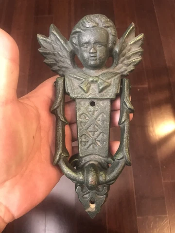 Cast Iron Antique Style VICTORIAN ANGEL Door Knocker Cherub Green Cover