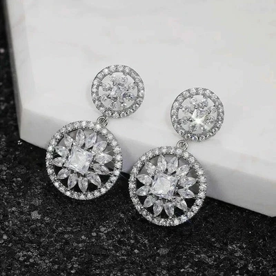 3Ct Round Cut Lab Created Diamond 14k White Gold Plated Drop & Dangle Earrings - Image 1 of 4