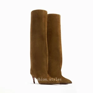 Botas hasta la rodilla recta con punta de pasarela para mujer tacón de aguja moda - Imagen 1 de 41