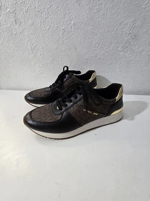 Michael Kors Allie MK Monogram Black Gold Brown Lace Up Sneakers Shoes Women's 9 - Image 1 of 4