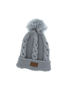 Cable Pom Pom Cuffed Beanie Unisex Steely Blue Warm Knit Winter Hat by Back 40 - Picture 1 of 5