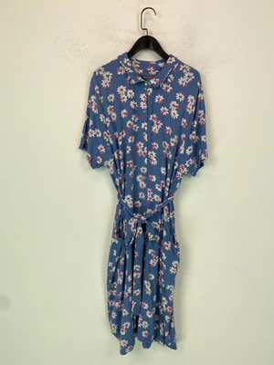 Laura Ashley Blue Floral Shirt Dress Short Sleeve Button Tie Waist Pockets UK 20 - Image 1 of 4