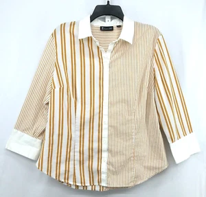 7th Avenue Shirt Womens Size XL White Brown Pinstripe 3/4 Sleeve Button Up - Picture 1 of 9