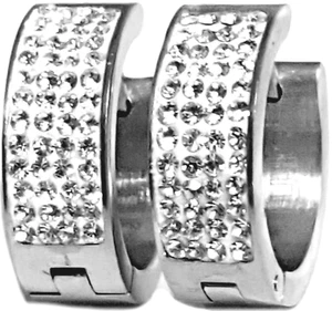 Huggie Hoop Earrings Silver Steel Ice Out Bling Large 20mm Chunky Hoops 1Pair - Picture 1 of 4