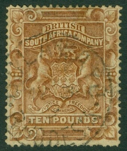 SG 13 Rodesia 1892. 10€ marrón. Ejemplo CDS usado muy fino CAT £800 - Imagen 1 de 1