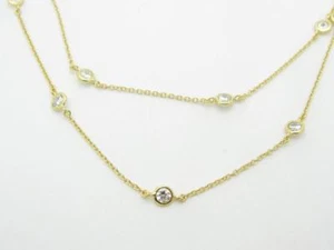 Yellow Gold Sterling Silver Diamond Set White Sapphire Bezel Long 36" Necklace - Picture 1 of 1
