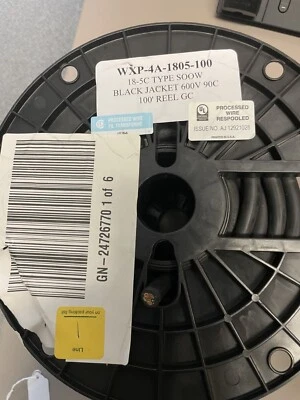 WXP-4A-1805-100 Chaqueta Negra 600V 90C Carrete 100 ft, SOOW, Estado Nuevo, 18 AWG Foto 1 de 2
