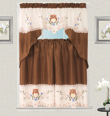Cortina de cocina de diseño bordado OWL con botín y juego de niveles 36 pulgadas color marrón Foto 1 de 4