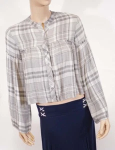 Blusa Camisa Top Kinomo Manga Larga Tela Piedra Gris Blanco A Cuadros Botones XS - Imagen 1 de 2