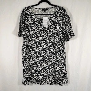 ellos Blouse Women's Large Black Floral Print Short Sleeve Round Neck Pullover - Picture 1 of 9