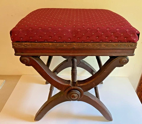 Antique Adjustable Piano / Organ Bench Walnut 1871 The X Piano Taboret Cover