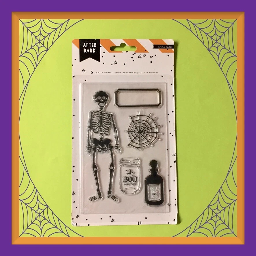 American Crafts Acrylic STAMPS Halloween Skeleton Web Tonic Boo Jar After Dark