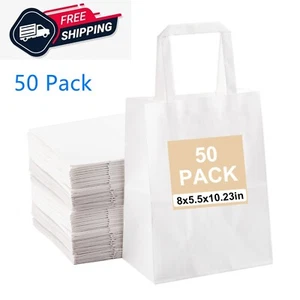 Paquete de 50 bolsas de papel kraft blancas de 8x5,5x10 pulgadas con asas bolsas de regalo a granel negocios - Imagen 1 de 2