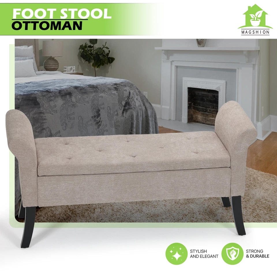 Banco de Almacenamiento Rectangular Sala Dormitorio Beige 25" Elevador Superior Reposapiés con Brazos Foto 1 de 4