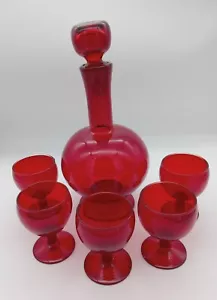 Vintage Ruby Red Glass Decanter and Stopper With 5 Cordial Glasses 11" Tall - Picture 1 of 6