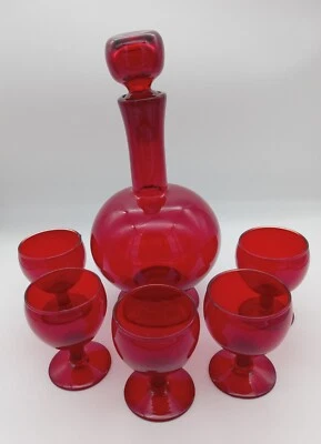 Vintage Ruby Red Glass Decanter and Stopper With 5 Cordial Glasses 11" Tall  - Image 1 of 4