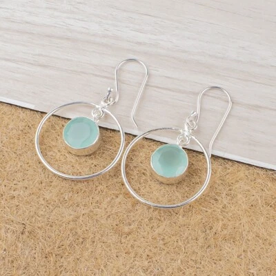 Chalcedony Gemstone Drop/Dangle Aqua Earrings 925 Sterling Silver Indian Jewelry - Image 1 of 4
